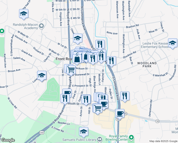 map of restaurants, bars, coffee shops, grocery stores, and more near 10 High Street in Front Royal