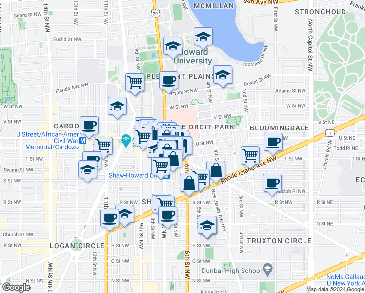 map of restaurants, bars, coffee shops, grocery stores, and more near 600 U Street Northwest in Washington