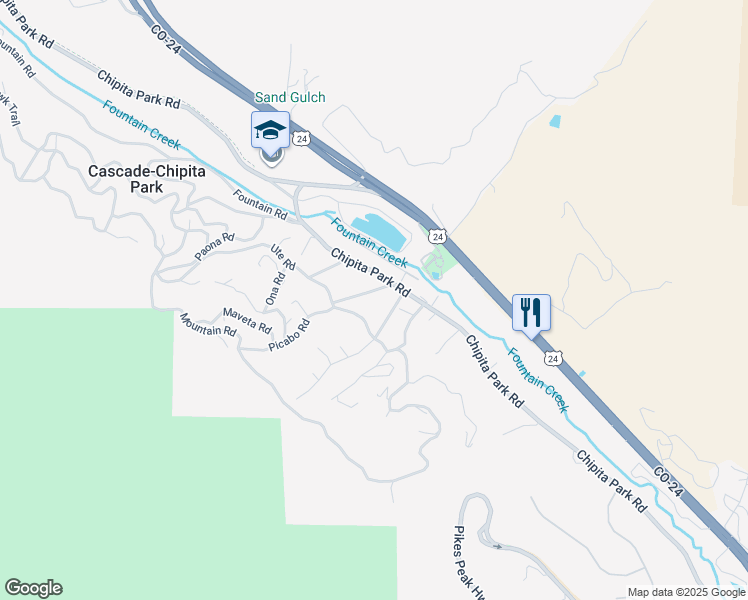 map of restaurants, bars, coffee shops, grocery stores, and more near 9055 Picabo Road in Cascade-Chipita Park