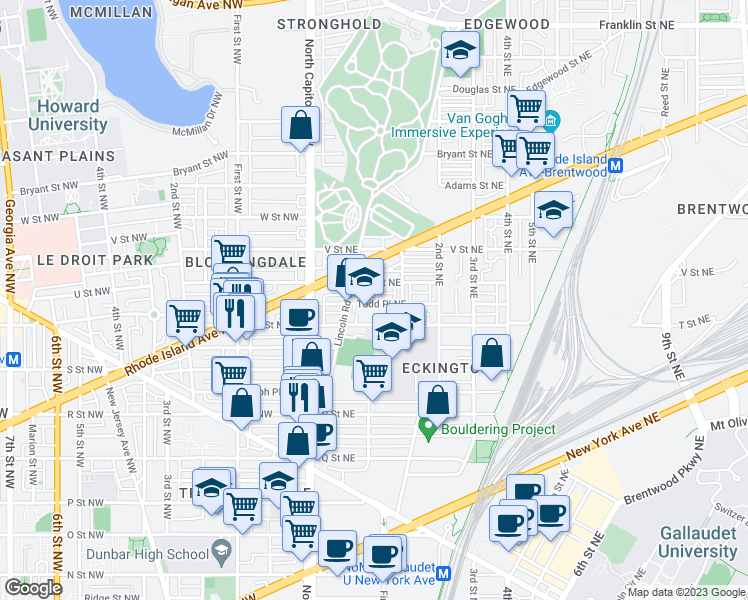 map of restaurants, bars, coffee shops, grocery stores, and more near 1921 1st Street Northeast in Washington