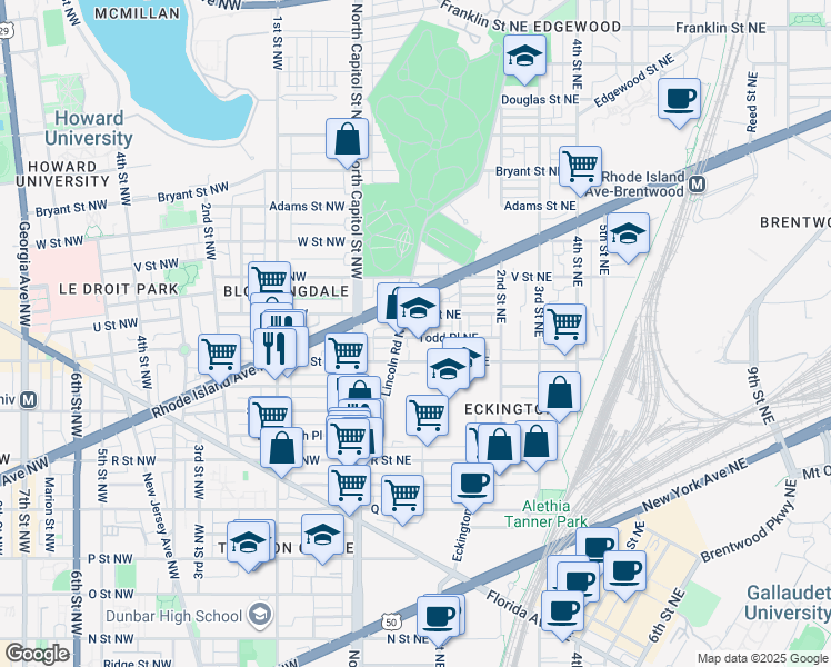 map of restaurants, bars, coffee shops, grocery stores, and more near 1920 1st Street Northeast in Washington