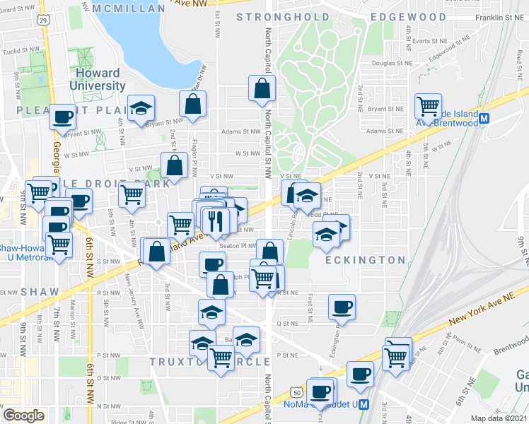 map of restaurants, bars, coffee shops, grocery stores, and more near 101 Independence Avenue Southeast in Washington
