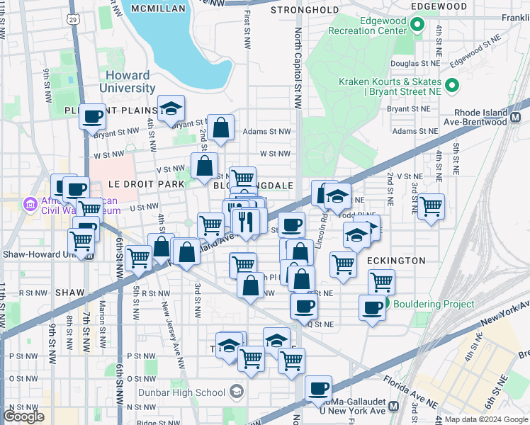 map of restaurants, bars, coffee shops, grocery stores, and more near 101 Independence Avenue Southeast in Washington