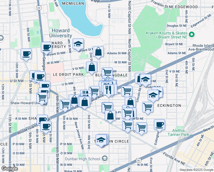 map of restaurants, bars, coffee shops, grocery stores, and more near 101 Independence Avenue Southeast in Washington