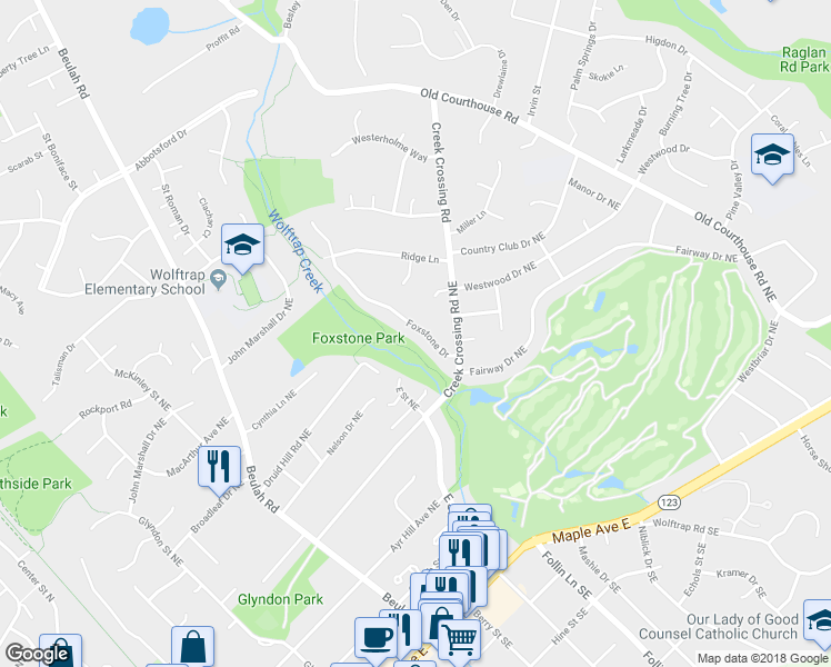 map of restaurants, bars, coffee shops, grocery stores, and more near 1868 Foxstone Drive in Vienna
