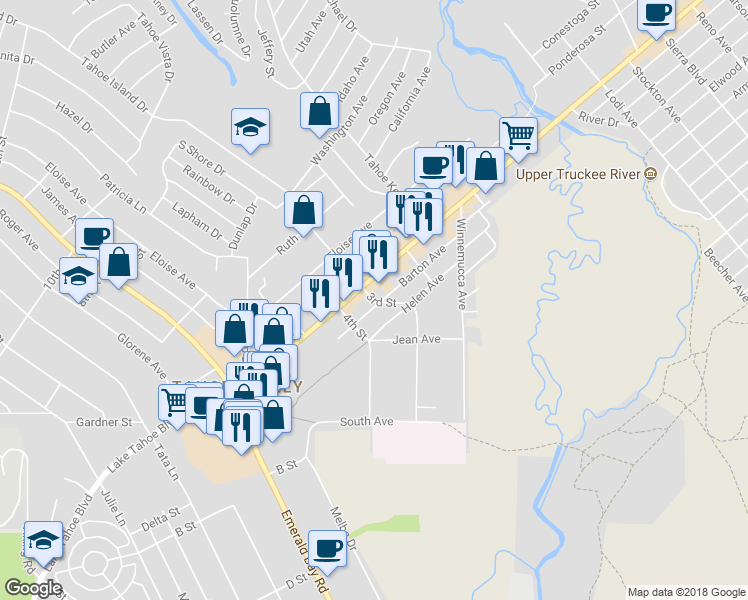 map of restaurants, bars, coffee shops, grocery stores, and more near 3rd Street in South Lake Tahoe