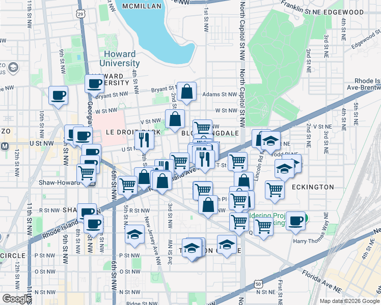 map of restaurants, bars, coffee shops, grocery stores, and more near 101 Independence Avenue Southeast in Washington