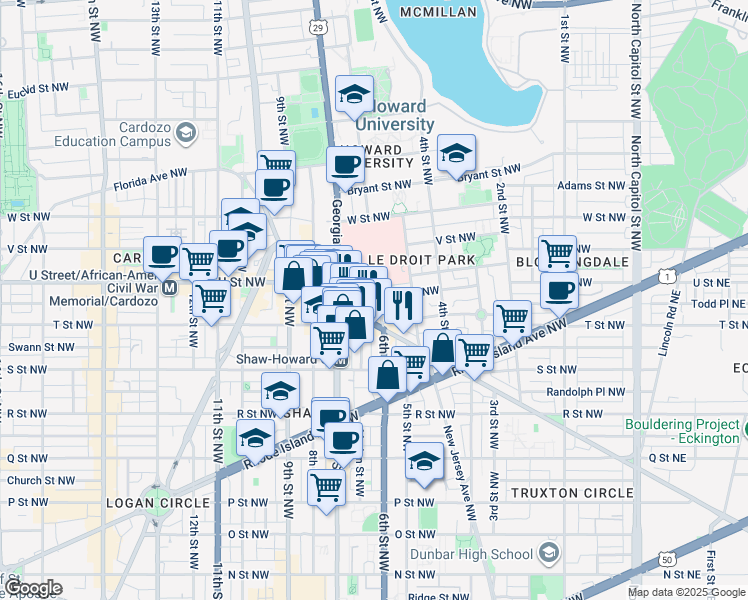 map of restaurants, bars, coffee shops, grocery stores, and more near 600 U Street Northwest in Washington
