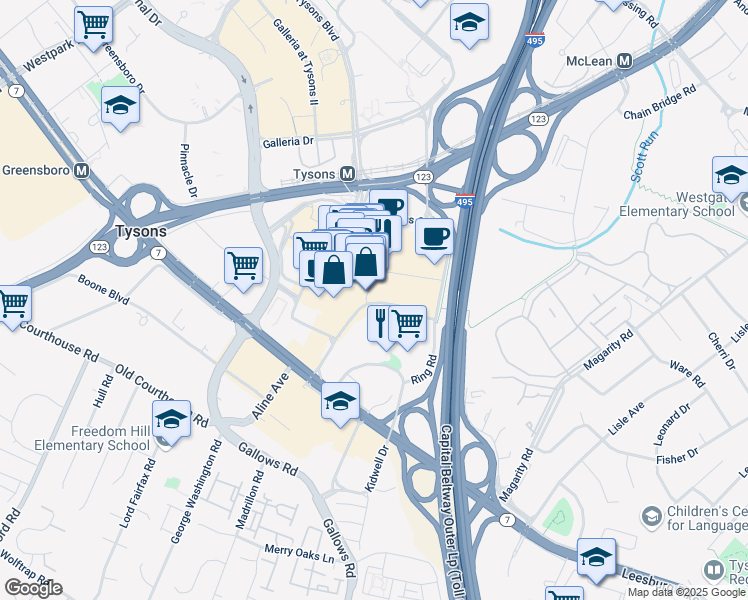 map of restaurants, bars, coffee shops, grocery stores, and more near 8075 Tysons Corner Center in Tysons