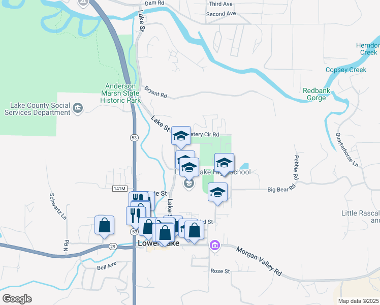 map of restaurants, bars, coffee shops, grocery stores, and more near 9240 Lake Street in Lower Lake