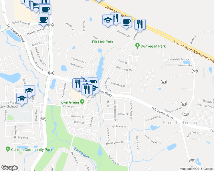 map of restaurants, bars, coffee shops, grocery stores, and more near 25300 Ripleys Field Drive in Chantilly