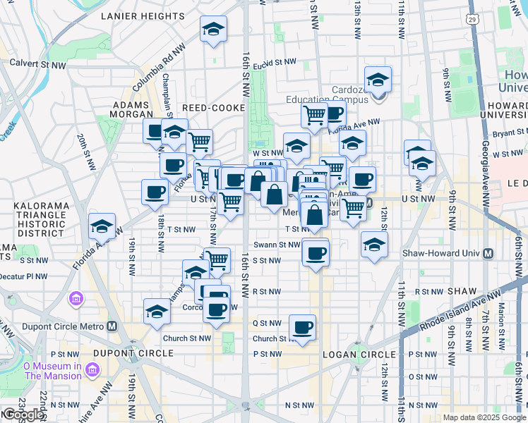 map of restaurants, bars, coffee shops, grocery stores, and more near 1511 Caroline Street Northwest in Washington