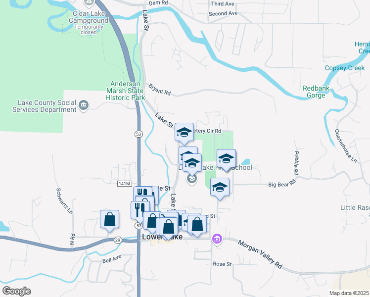 map of restaurants, bars, coffee shops, grocery stores, and more near 9240 Lake Street in Lower Lake