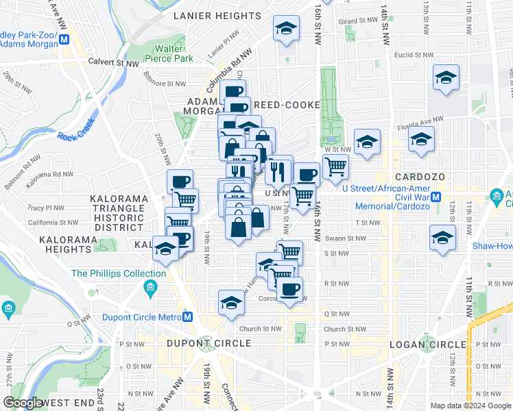 map of restaurants, bars, coffee shops, grocery stores, and more near 1759 Willard Street Northwest in Washington