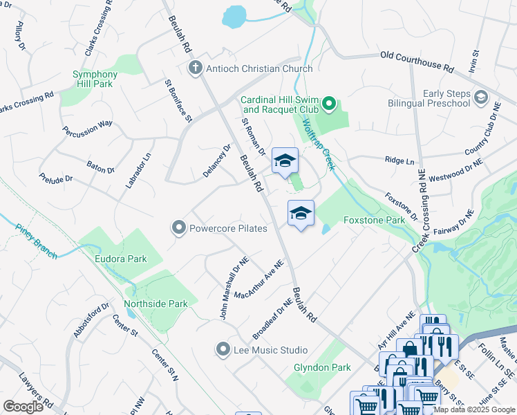 map of restaurants, bars, coffee shops, grocery stores, and more near 1916 Beulah Road in Vienna