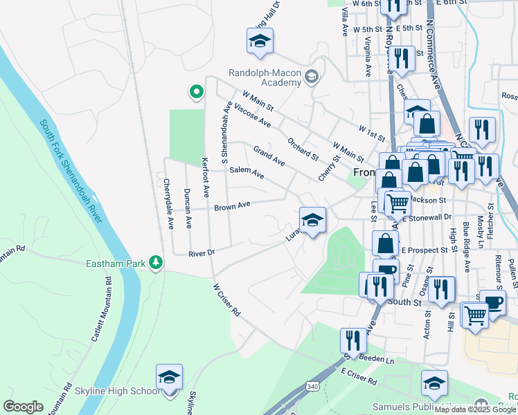 map of restaurants, bars, coffee shops, grocery stores, and more near 320 Brown Avenue in Front Royal