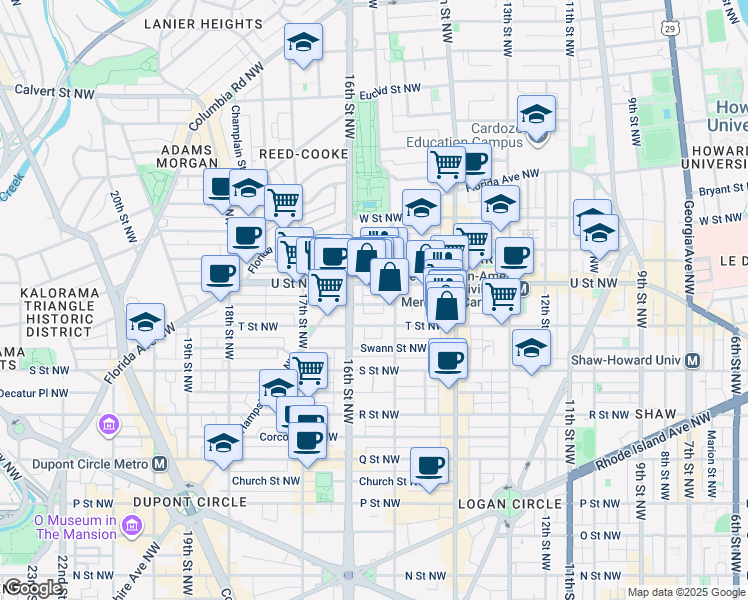 map of restaurants, bars, coffee shops, grocery stores, and more near 1511 Caroline Street Northwest in Washington