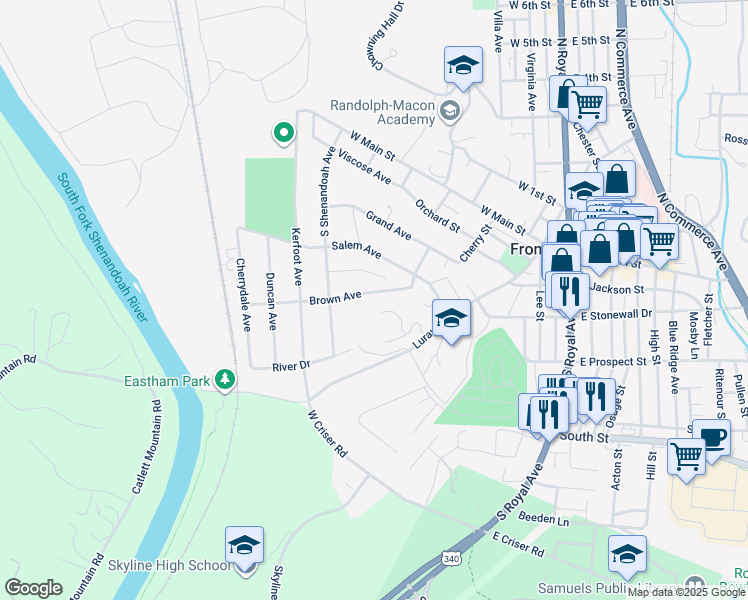 map of restaurants, bars, coffee shops, grocery stores, and more near 320 Brown Avenue in Front Royal