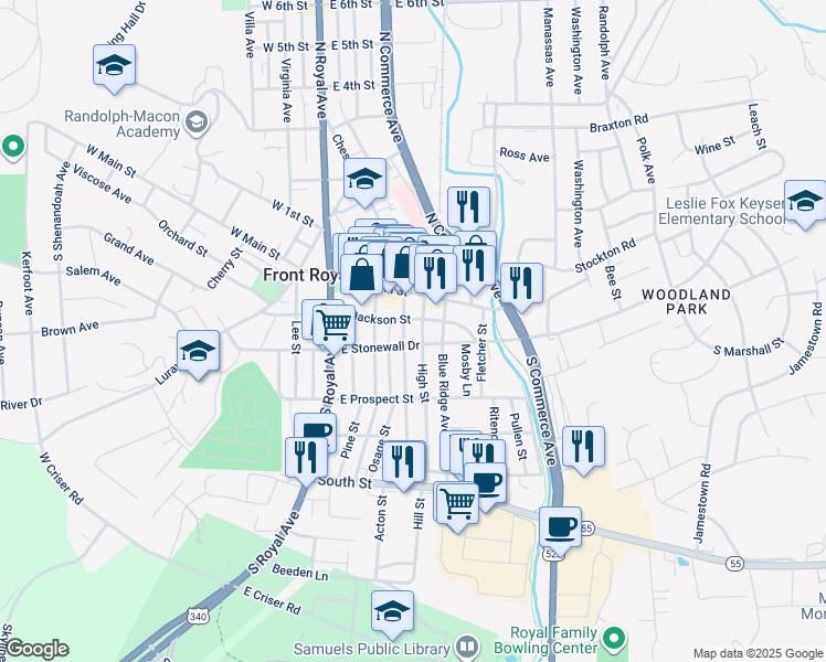 map of restaurants, bars, coffee shops, grocery stores, and more near 10 High Street in Front Royal