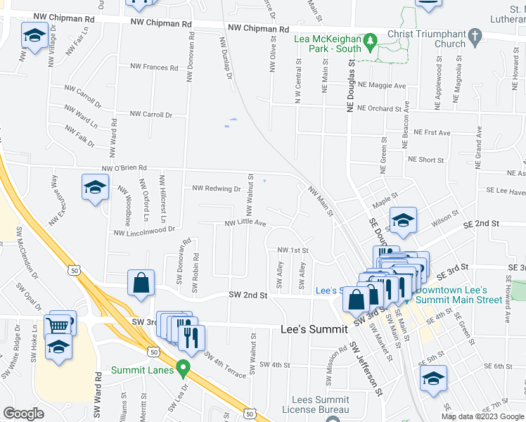 map of restaurants, bars, coffee shops, grocery stores, and more near 325 Northwest Gibson Road in Lee's Summit