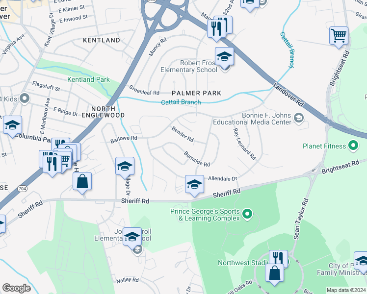 map of restaurants, bars, coffee shops, grocery stores, and more near 7744 Burnside Road in Hyattsville