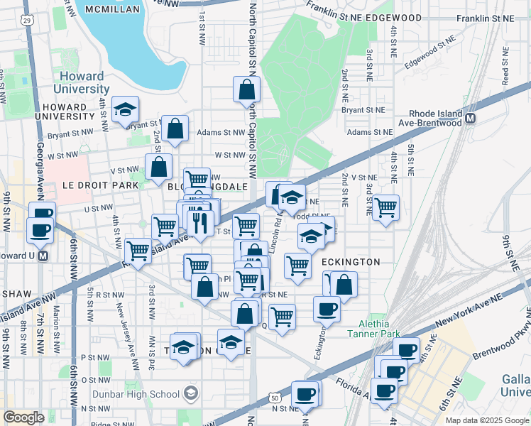 map of restaurants, bars, coffee shops, grocery stores, and more near 101 Independence Avenue Southeast in Washington