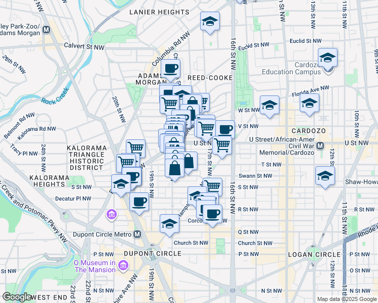 map of restaurants, bars, coffee shops, grocery stores, and more near 1749 Willard Street Northwest in Washington