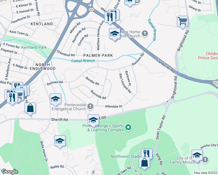 map of restaurants, bars, coffee shops, grocery stores, and more near 7850 Burnside Road in Hyattsville