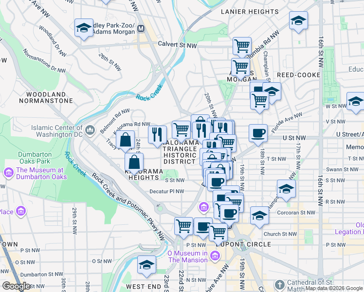 map of restaurants, bars, coffee shops, grocery stores, and more near 2151 California Street Northwest in Washington