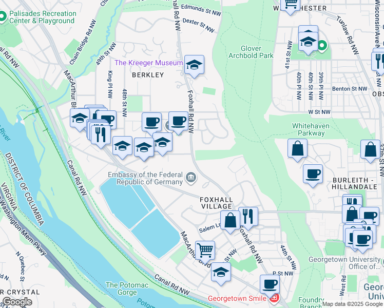 map of restaurants, bars, coffee shops, grocery stores, and more near Whitehaven Parkway Northwest in Washington