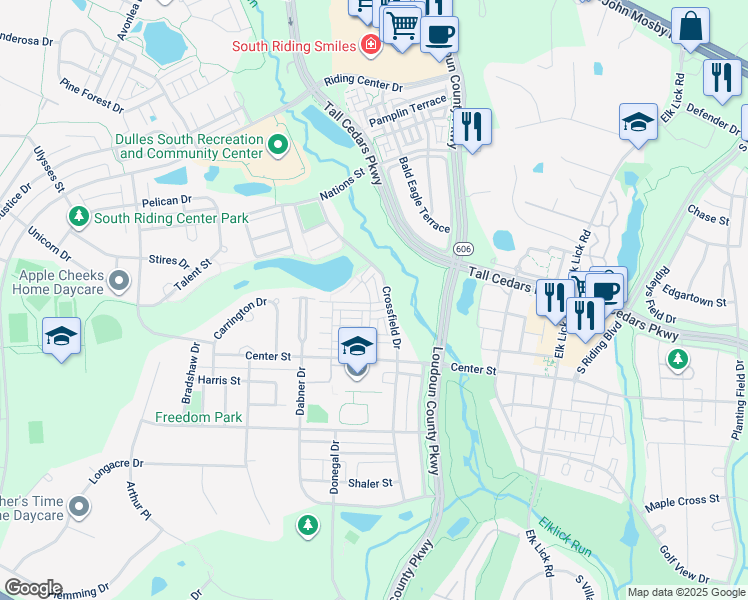 map of restaurants, bars, coffee shops, grocery stores, and more near 25342 Shipley Terrace in Chantilly