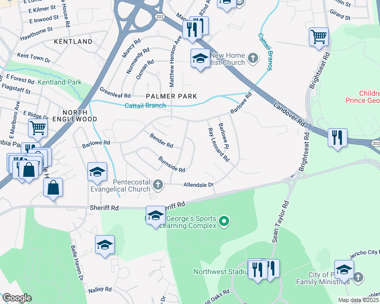 map of restaurants, bars, coffee shops, grocery stores, and more near 7850 Burnside Road in Hyattsville