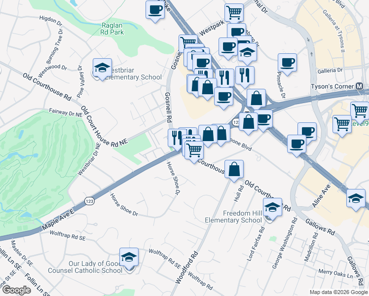 map of restaurants, bars, coffee shops, grocery stores, and more near Chain Bridge Rd & Old Courthouse Rd in Tysons Corner
