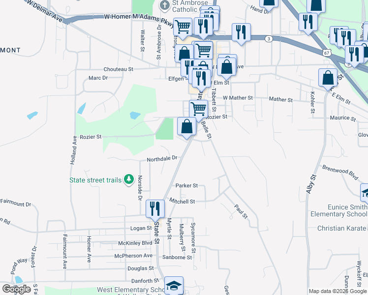 map of restaurants, bars, coffee shops, grocery stores, and more near 2301 State Street in Alton