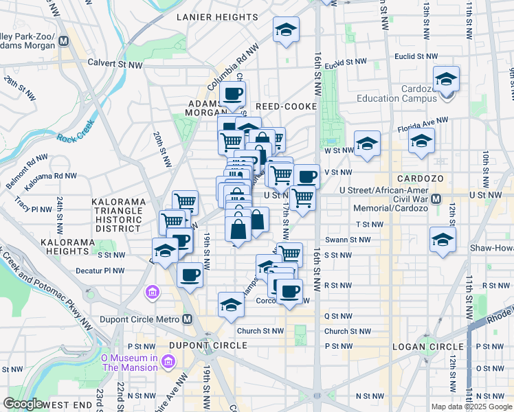 map of restaurants, bars, coffee shops, grocery stores, and more near 1749 Willard Street Northwest in Washington