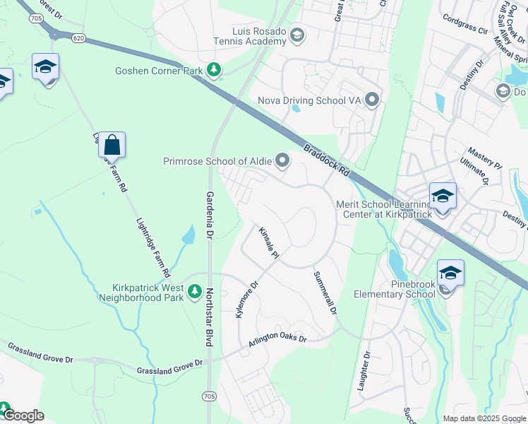 map of restaurants, bars, coffee shops, grocery stores, and more near 41527 Bostonian Place in Aldie