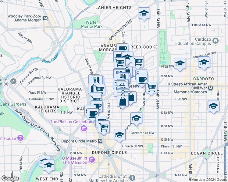 map of restaurants, bars, coffee shops, grocery stores, and more near 1825 Florida Avenue Northwest in Washington