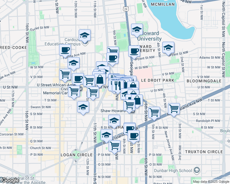 map of restaurants, bars, coffee shops, grocery stores, and more near 1932 9th Street Northwest in Washington