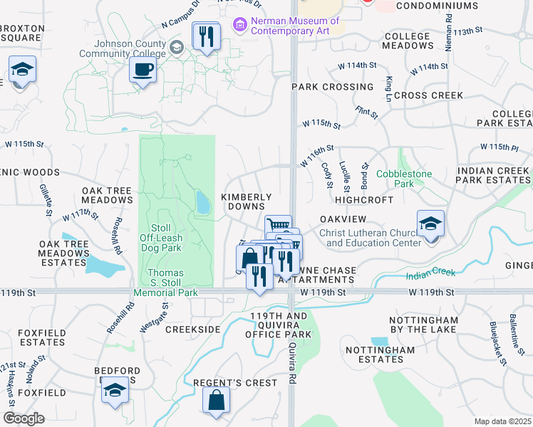 map of restaurants, bars, coffee shops, grocery stores, and more near 12020 West 117th Terrace in Overland Park