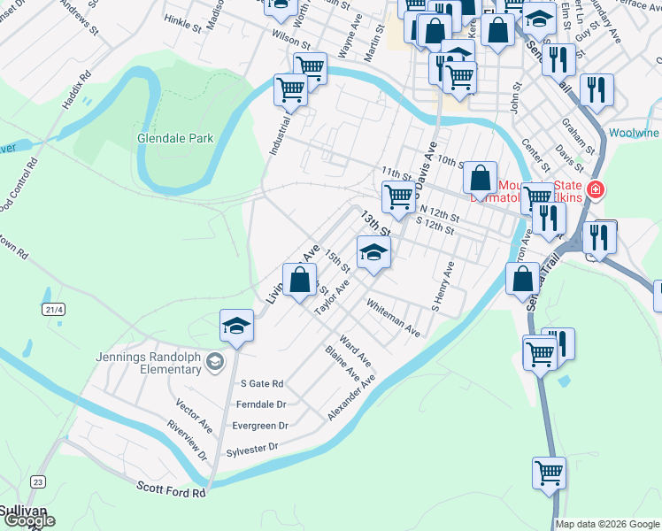 map of restaurants, bars, coffee shops, grocery stores, and more near 1525 Lavalette Avenue in Elkins