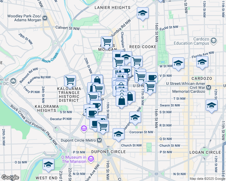 map of restaurants, bars, coffee shops, grocery stores, and more near 1825 Florida Avenue Northwest in Washington