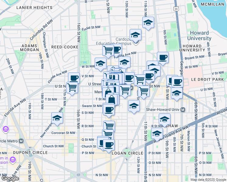 map of restaurants, bars, coffee shops, grocery stores, and more near 1925 14th Street Northwest in Washington