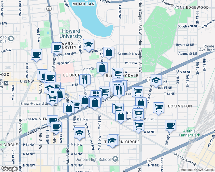map of restaurants, bars, coffee shops, grocery stores, and more near 149 Thomas Street Northwest in Washington