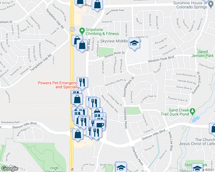 map of restaurants, bars, coffee shops, grocery stores, and more near 5815 Mesa Mountain Way in Colorado Springs