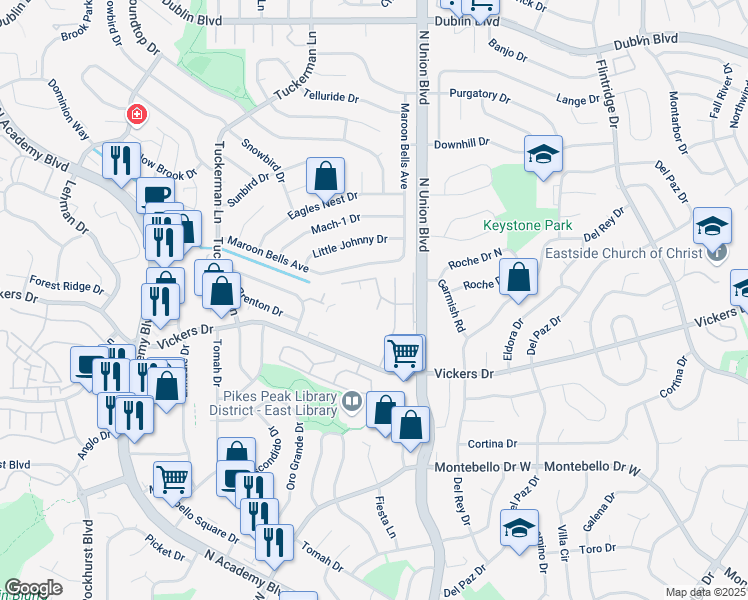 map of restaurants, bars, coffee shops, grocery stores, and more near 2730 Vickers Drive in Colorado Springs