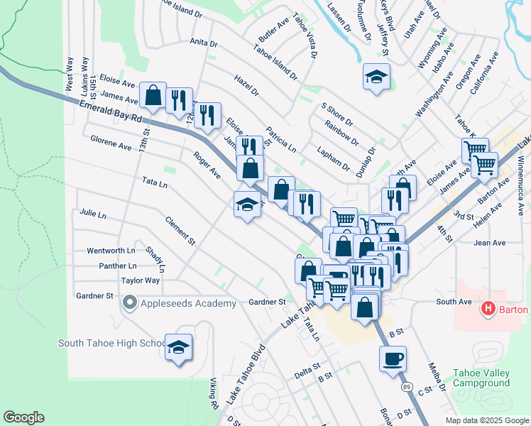 map of restaurants, bars, coffee shops, grocery stores, and more near 863 Glorene Avenue in South Lake Tahoe