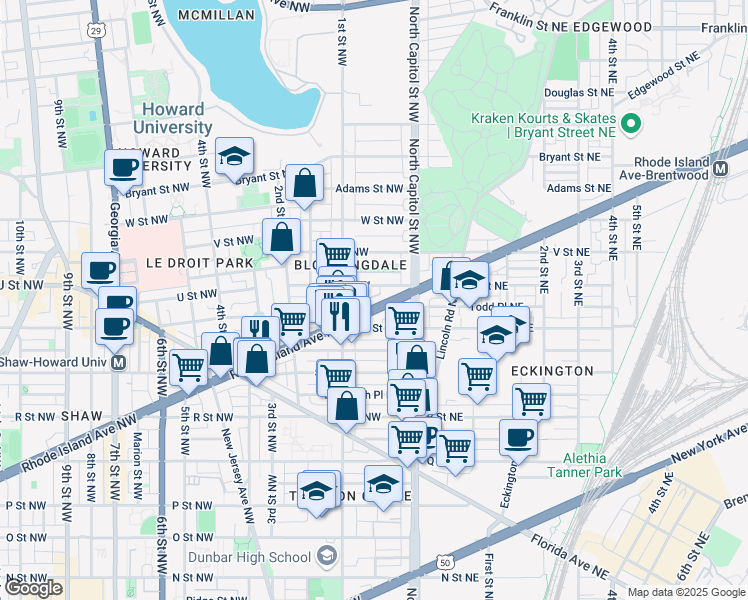 map of restaurants, bars, coffee shops, grocery stores, and more near 101 Independence Avenue Southeast in Washington
