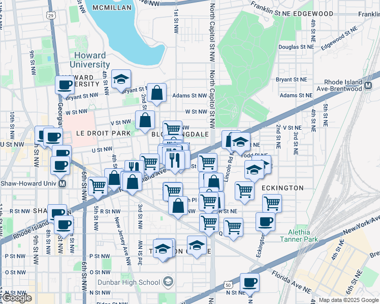 map of restaurants, bars, coffee shops, grocery stores, and more near 101 Independence Avenue Southeast in Washington