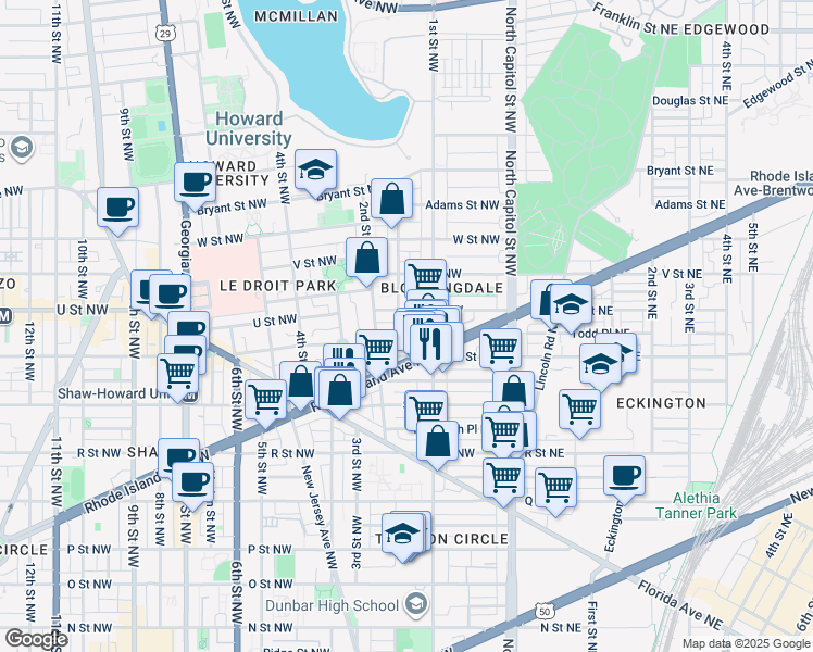 map of restaurants, bars, coffee shops, grocery stores, and more near 101 Independence Avenue Southeast in Washington