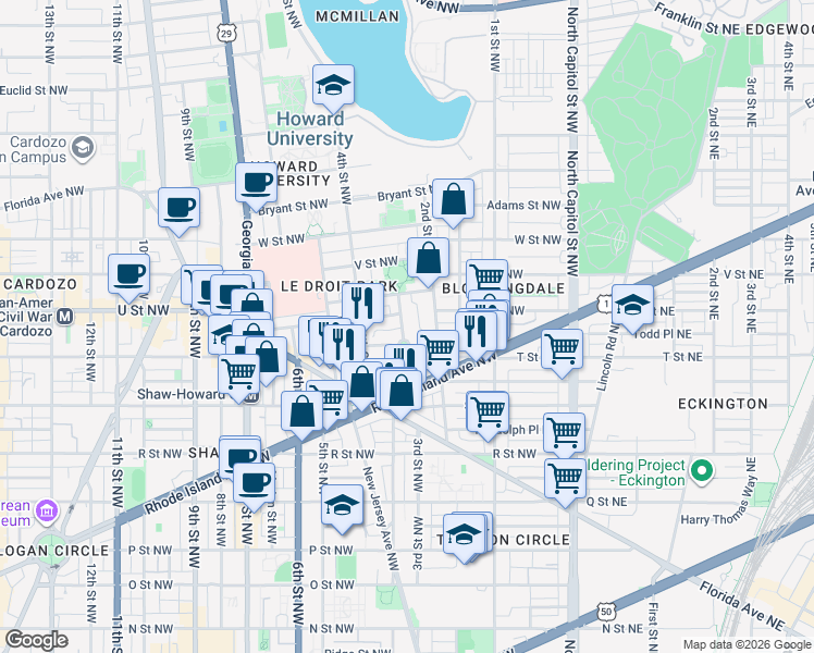 map of restaurants, bars, coffee shops, grocery stores, and more near 1919 3rd Street Northwest in Washington